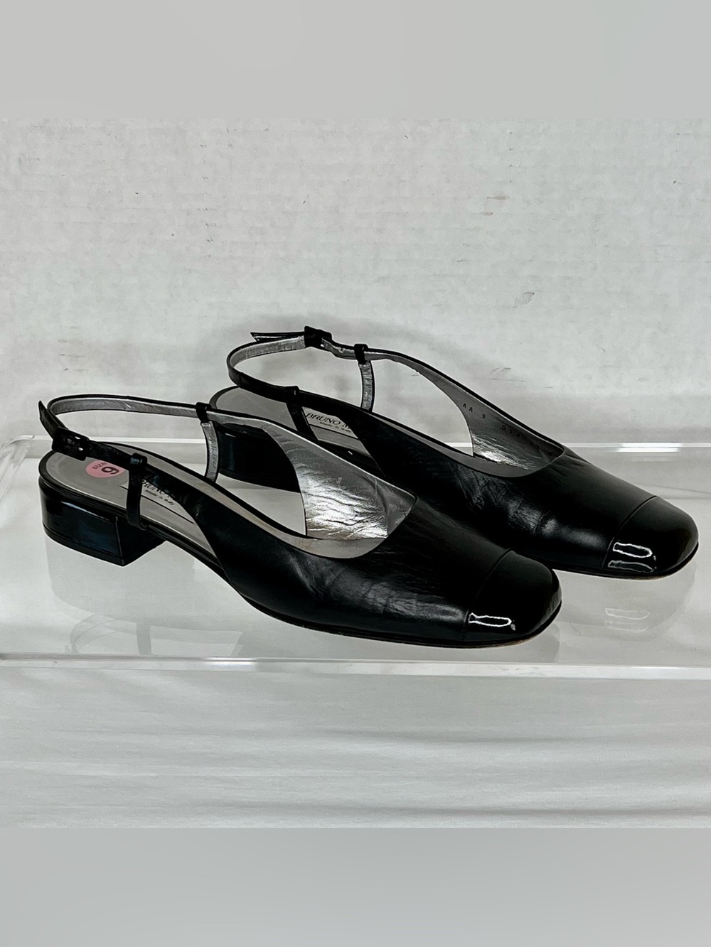 Bruno Magli, Black Leather Slingback w/Cap Toe, Low Block Heel, Sz 9 AA